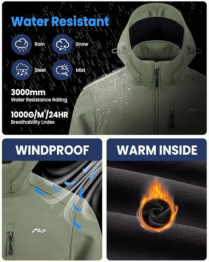 WULFUL Men's Softshell Jacket Waterproof Lightweight Insulated Windbreaker Fleece Lined Rain Shell Jacket for Hiking Travel