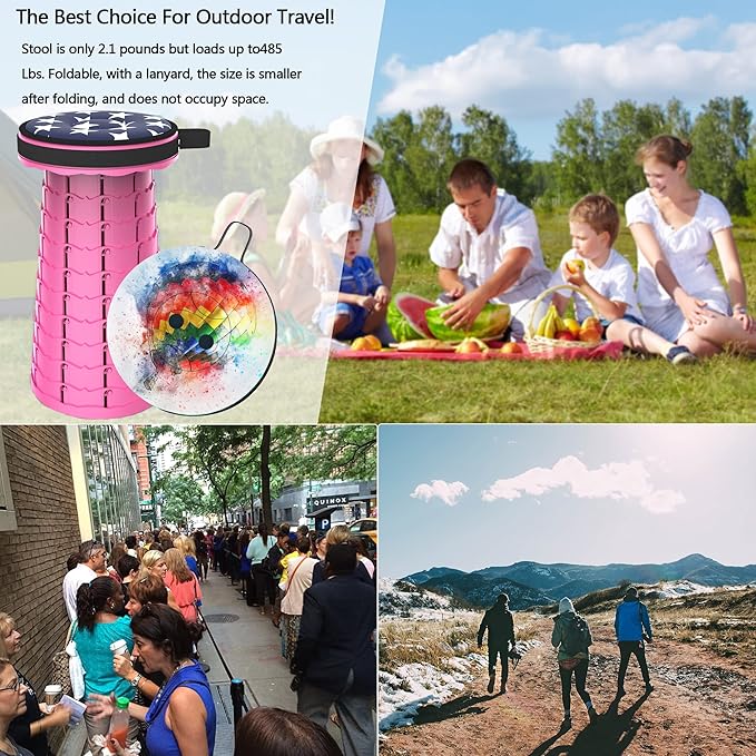 ALEVMOOM Upgraded Telescoping Collapsible Stool with Cushion, Folding Stool with Printing Portable Retractable Foldable Seat Max Load 550lbs for Adults Camping Fishing Outdoor