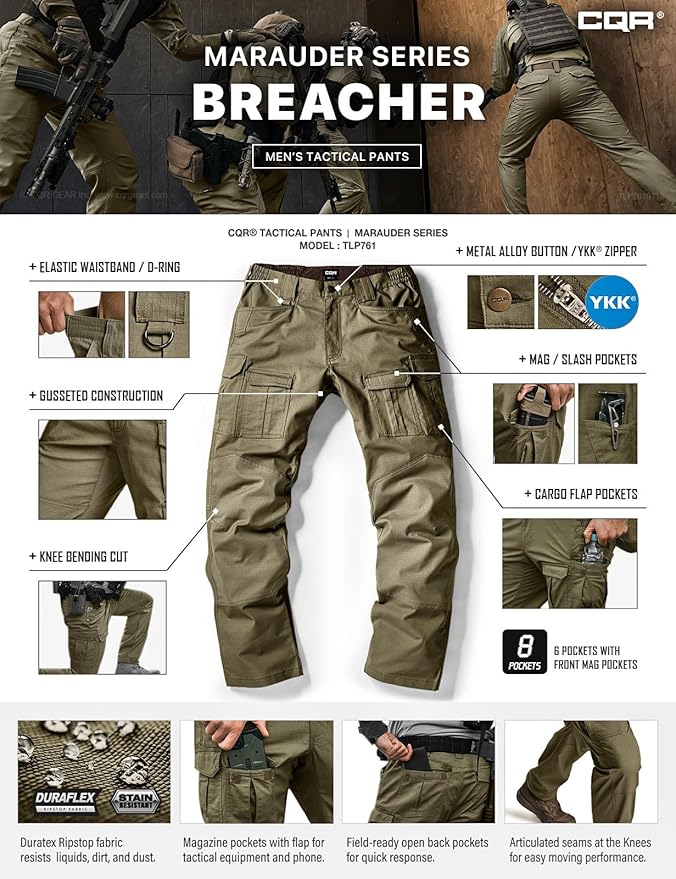 CQR Men's Flex Ripstop Tactical Pants, Water Resistant Stretch Cargo Pants, Lightweight EDC Hiking Work Pants