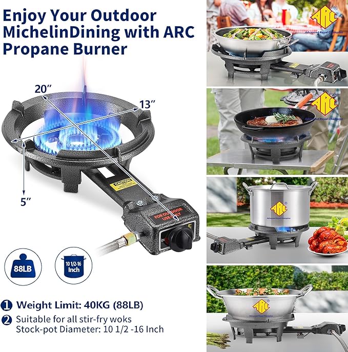 ARC Outdoor Propane Burner Stove, 13" Single Propane Burner, Cast Iron Portable Propane Burner With Adjustable Regulator And Stainless Steel Hose, Great For Outdoor Wok Burner