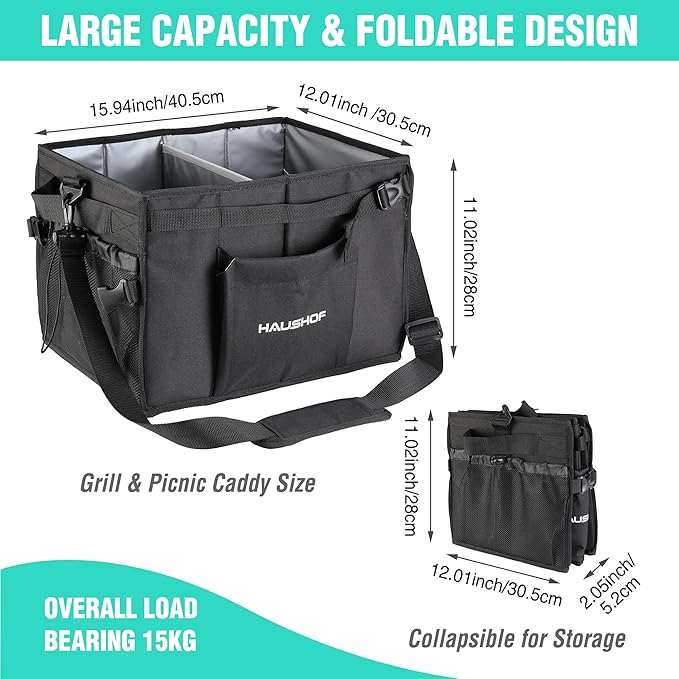 HAUSHOF Large Grill and Picnic Caddy with Paper Towel Holder, Condiment Pocket, Foldable BBQ Organizer Easy Carry Griddle Caddy for Camping, RV, Outdoor Waterproof Oxford Cloth (Black)