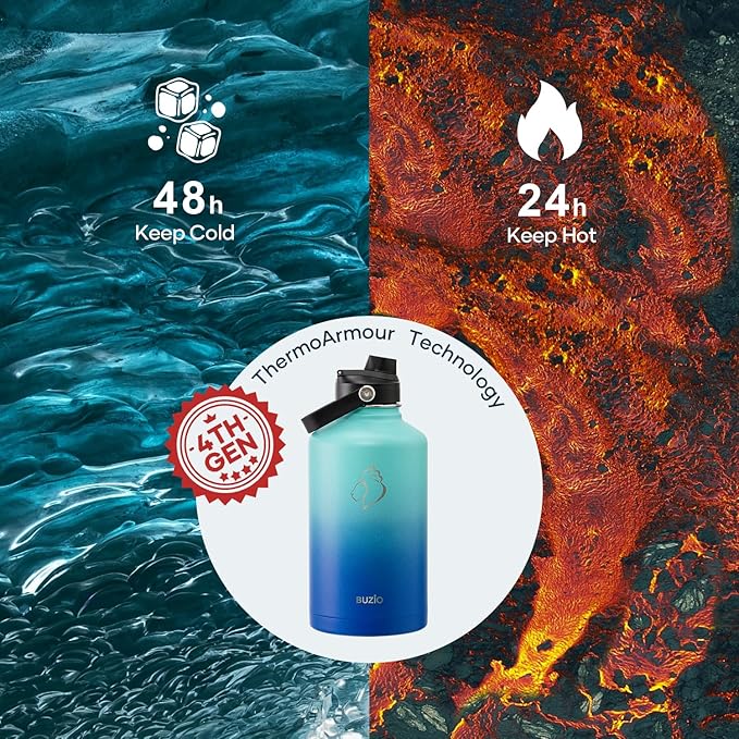 BUZIO Vacuum Insulated Stainless Steel Water Bottle 64oz (Cold for 48 Hrs/Hot for 24 Hrs) BPA Free Double Wall Travel Mug/Flask for Outdoor Sports Hiking, Cycling, Cam,Camping, Running, Pacific Dream