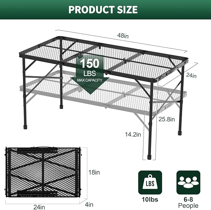 Folding Gril Table, 4x2 FT Camping Table with Mesh Desktop,Height Adjustable Folding Grill Table with Mesh Bag,Portable Outdoor for Picnic,Camping,BBQ,Beach(Black)