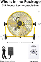 ZHULI 10" Portable Battery Operated Floor Fan, Rechargeable Cordless Camping Fan, Hi-Velocity Brushless Motor, Metal blade, USB Phone Charge, 8~60H Runtime, Quiet, Wireless, For Outdoor Home Workshop