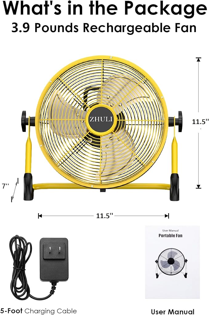 ZHULI 10" Portable Battery Operated Floor Fan, Rechargeable Cordless Camping Fan, Hi-Velocity Brushless Motor, Metal blade, USB Phone Charge, 8~60H Runtime, Quiet, Wireless, For Outdoor Home Workshop