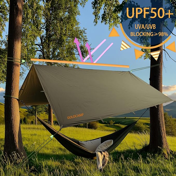 GOLDCAMP Waterproof Camping Tarp，70D Nylon 10X10FT Hammock Rain Fly ，UV 50+ and PU15000mm Tent Tarp Shelter Canopy，Heavy Duty Multifunctional Sun Shade or Rain Fly Essentials for Hiking Backpacking