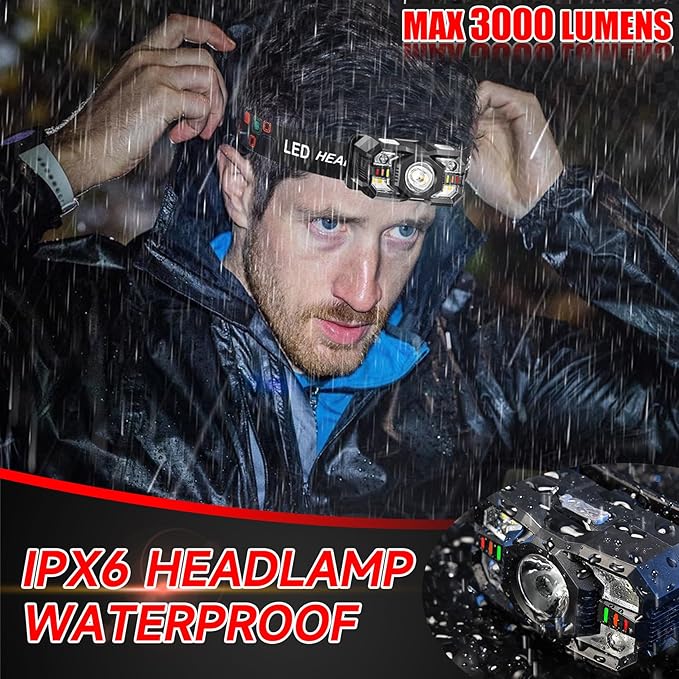 Headlamp Rechargeable 2Pack, 3000 Lumen Ultra-Light Bright Headlamp Flashlight with White Red Light, LED Headlight Motion Sensor, 5+5 Mode for Outdoor Camping Fishing Running Hiking