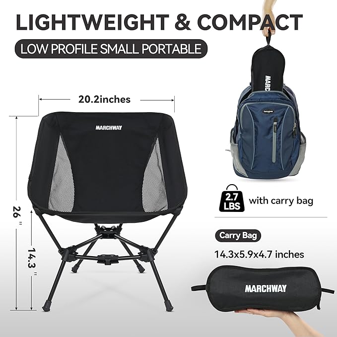 MARCHWAY Lightweight Folding Camping Chair, Portable Foldable Compact for Outdoor Camp, Travel, Beach, Picnic, Festival, Hiking, Backpacking, Supports 330Lbs (Black)