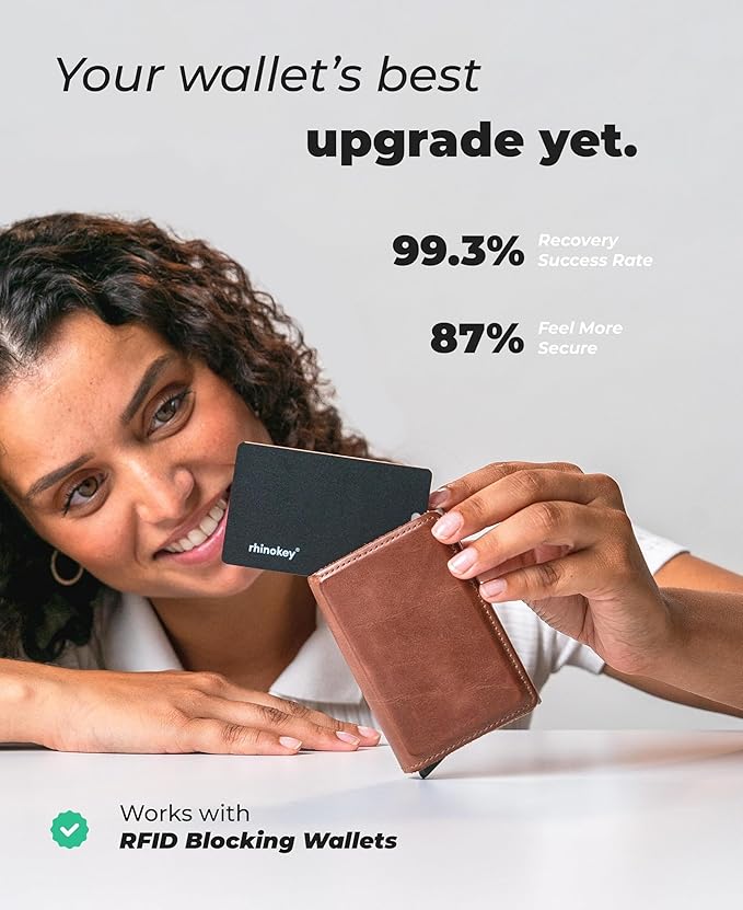 Rhinokey® Wallet Tracker Card (iOS Only) - Slim Rechargeable 1.8mm Thin Tracker Airtag Wallet IP68 Waterproof Apple Find My Luggage Tags Item Finder with Key Chain Hole