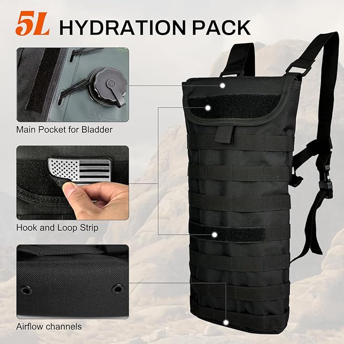 5L Hydration Pack, Water Backpack with 3L Water Bladder, MOLLE System for Outdoor Hiking, Biking, Running