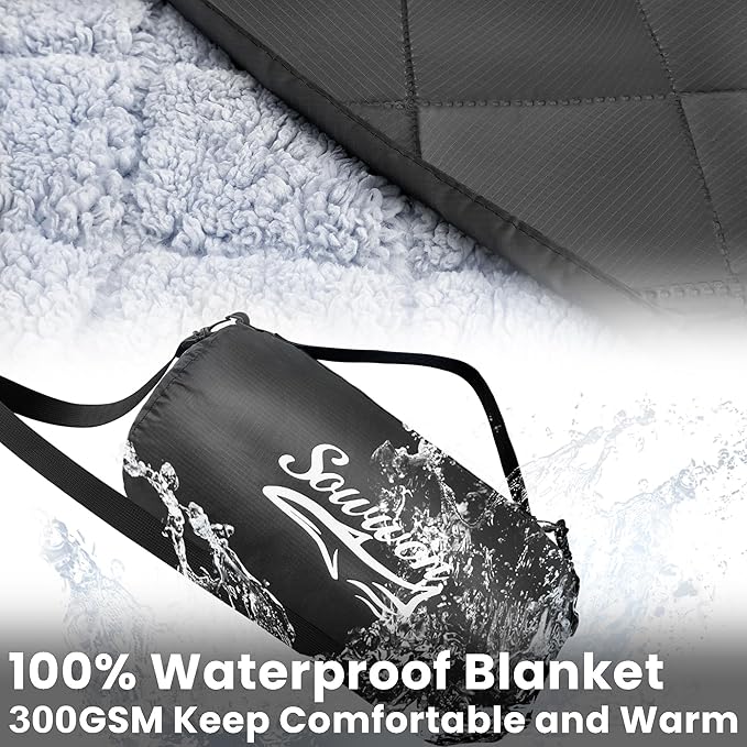 Waterproof Outdoor Blanket 82”X 55” Packable, Stadium Blankets for Camping with Sherpa Fleece Lining, Large Windproof Emergency Throw for Garss Picnic Hiking Road Trip, Machine Washable, Black 300GSM