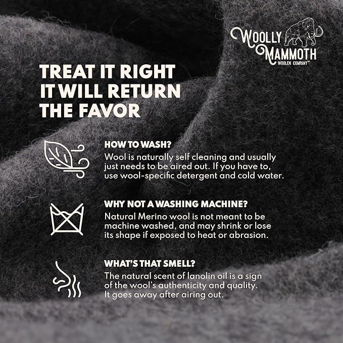 Woolly Mammoth Woolen Co. | Extra Large Merino Wool Camp Blanket | Perfect Outdoor Gear | Bedroll for Bushcraft, Camping, Trekking, Hiking, Survival, or Throw Blanket at the Cabin (Gray), 66" x 90"