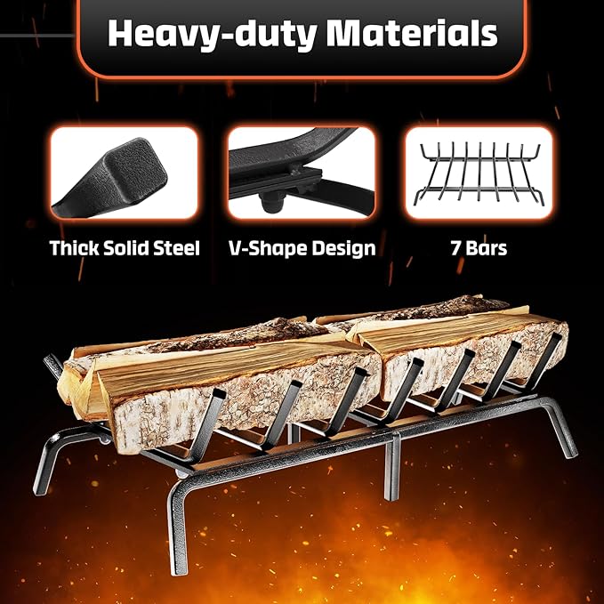 IDZO Solid Steel Fireplace Grate 30 Inch, Upgraded Fireplace Log Grate with Extra Leg for Sturdy Stand & Better Air Flow, Quick Assembly Bar Fire Grates for Indoor & Outdoor
