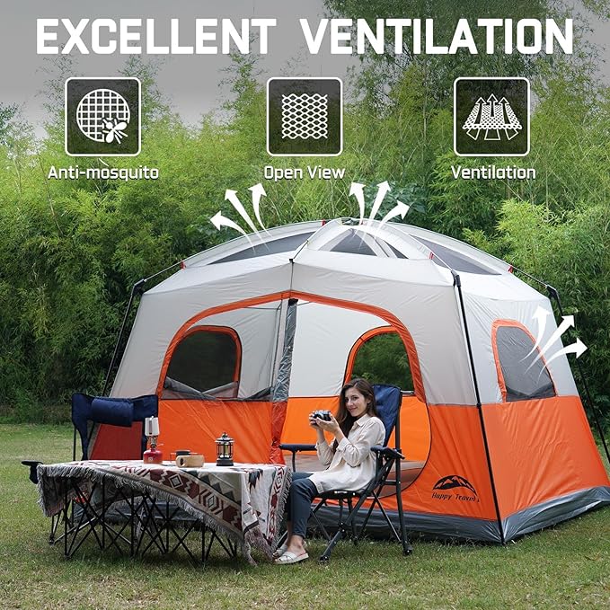 Happy Travel Tent 6 Person Tents for Camping, Waterproof Easy Setup Camping Tent with Rainfly, Portable Large Family Cabin Tent with 5 Large Mesh Windows and Carry Bag for Outdoor Camping & Hiking