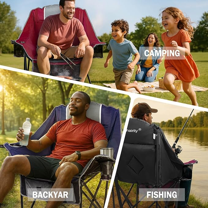 Oversized Camping Chairs Extra Wide 400lbs Capacity, Heavy Duty Folding Outdoor Chair with 2 Cup Holder & Storage Pocket, Padded and Portable Lawn Chair for Adults, Camp, Fishing, Tailgating, Picnic