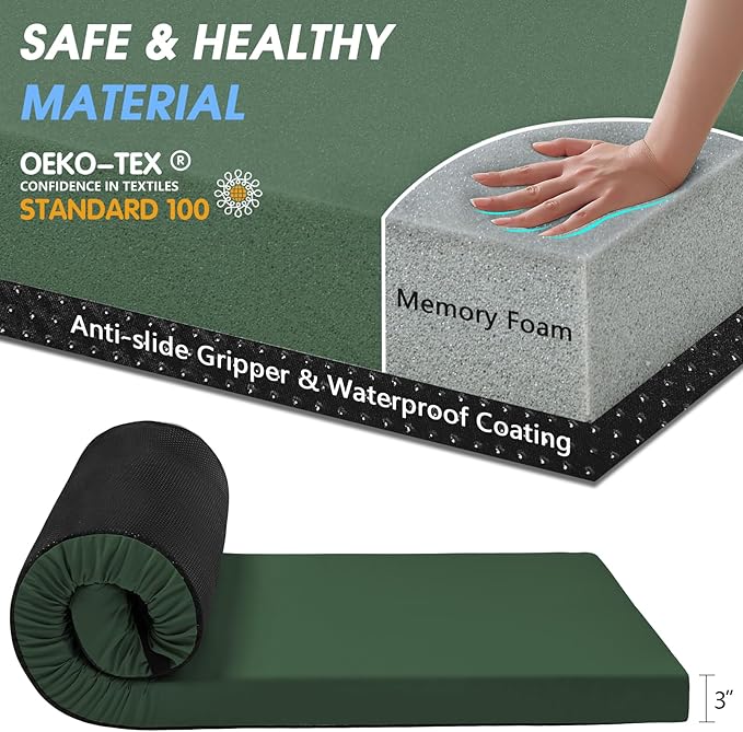 CYMULA Memory Foam Camping Mattress Pad,3inch Sleeping Pad for Camping,Non-Slip Bottom Floor Cot Car Mattress Bed with Retaining Portable Roll up Mattress Pad Mat for Travel Truck Guest Bed Tent
