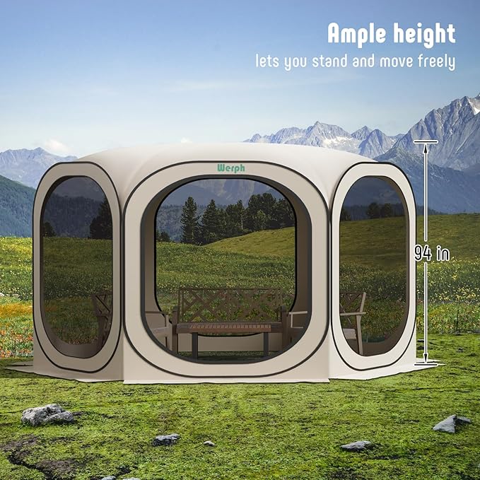 Pop Up Screen Tent Canopy, Portable Screen Canopy with Mosquito Net, Outdoor Screen Room Tent 12 x12 FT with Carry Bag for Lawn & Garden, Parties，Beige