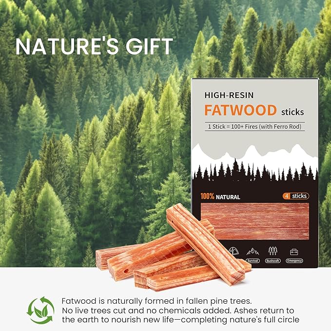 Ferro Rod Companion,High Resin Fatwood Fire Starter 4 Sticks,Waterproof Natural Tinder for Flint, Survival Gear Kit for Hiking, Camping, Bushcraft, Emergency Supplies