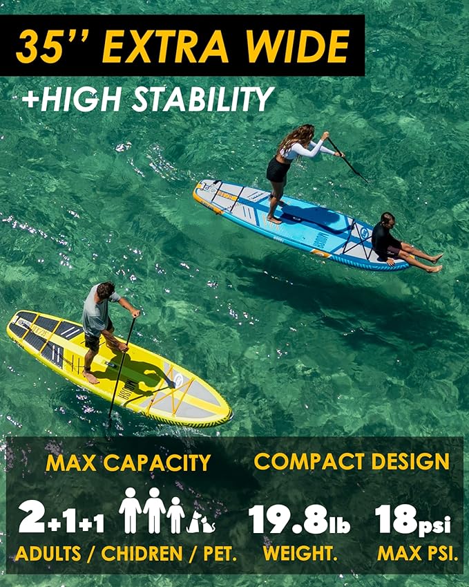 MOUSA 10‘8/11'×35" Extra Wide Inflatable Stand Up Paddle Board, Stable Paddleboard SUP for 2 People/Family, Anti-Slip Full EVA Deck, 3 Handles, 100L Backpack, All-Round Sup Board, Big Fin