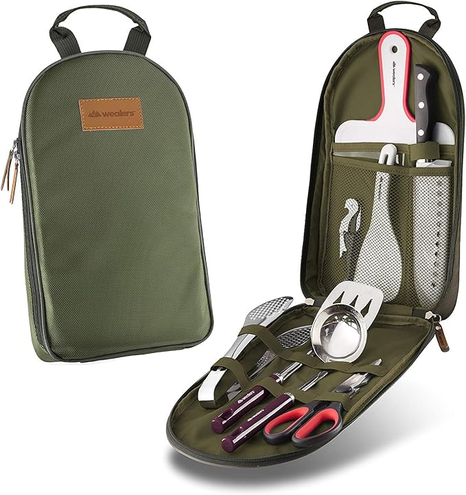 Wealers Camp Kitchen Cooking Utensil Set Travel Organizer Grill Accessories Portable Compact Gear for Backpacking BBQ Camping Hiking Travel Cookware Kit Water Resistant Case