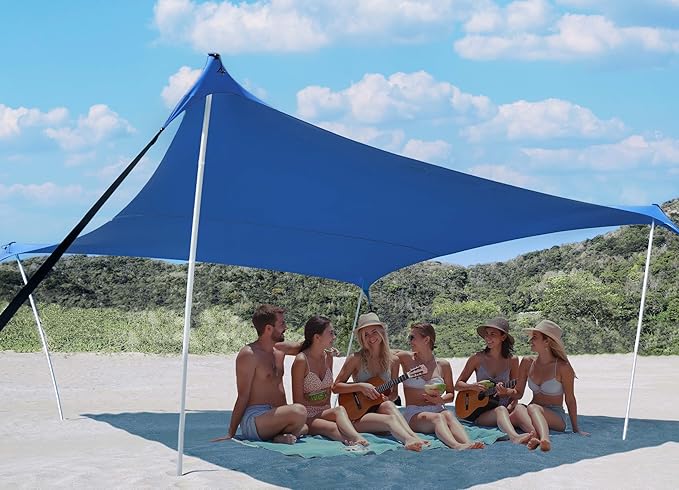 10×10ft UPF50+ Beach Tent Sun Shelter, Windproof Stable Outdoor Pop Up Beach Shade Canopy for Camping, Fishing, Backyard Fun or Picnics, 4 Poles