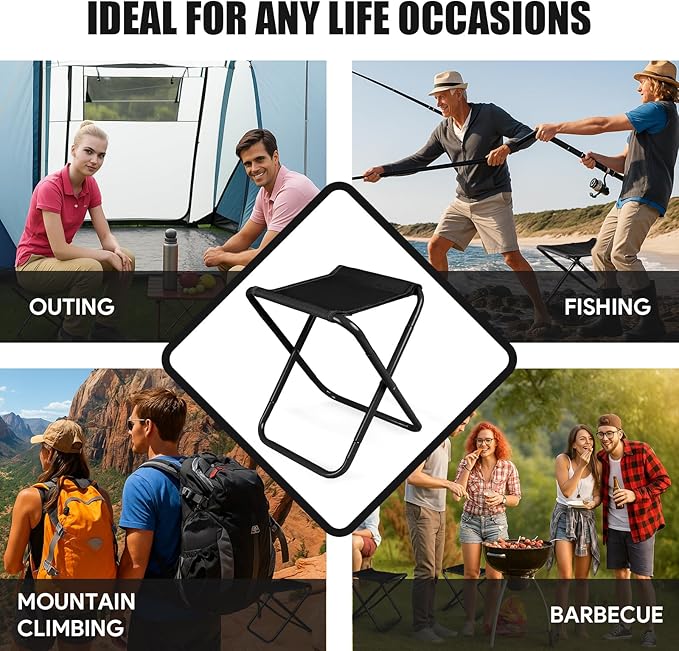 Camping Stool, Portable Folding Stool with Carry Bag, 12in Portable Folding Chair Collapsible Camp Stool Outdoor Footstool for Travel Walking Hiking Fishing Picnic Barbecue (Black)