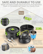 HOMGEN 12-Pieces Ultralight Anodized Aluminum Camping Cookware Set for 2 People - Nesting Pot/Pan with Foldable Handles 800ml Insulated Teapot & Stainless Cups for Camping Hiking