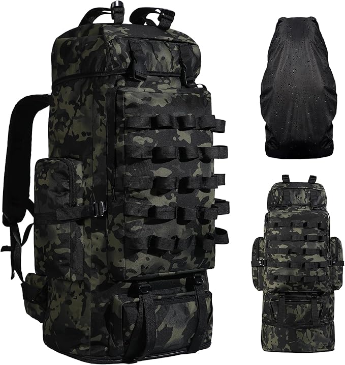 70L/100L Camping Hiking Backpack with Rain Cover, Expandable Large Military Tactical Backpack, Waterproof Molle Racksack Travel Backpacking Daypack for Climbing Trekking (Black CP)
