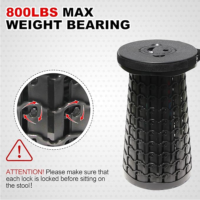 ALEVMOOM 18" Collapsible Stool, 800lbs Max Weight, Heavy Duty Portable Retractable Folding Telescoping Foldable Camping Stool for Adults Outdoor Fishing Travel BBQ (Black)