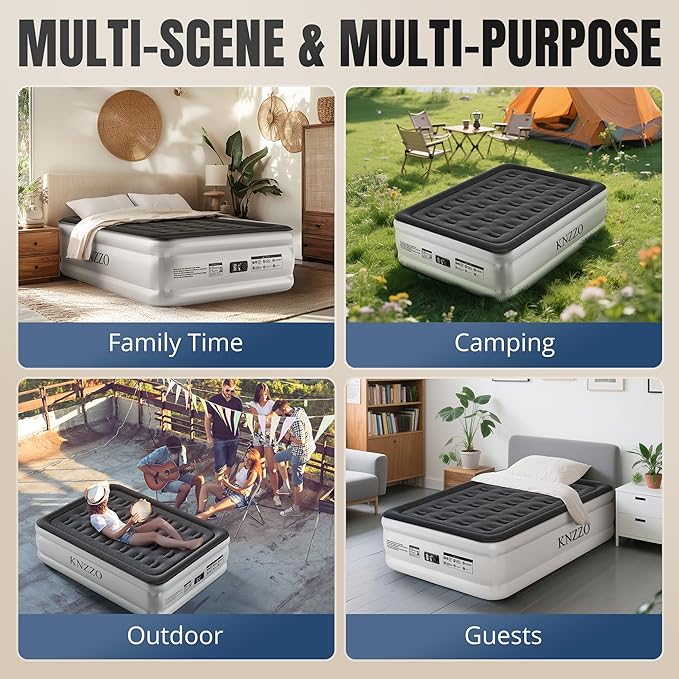 Full Air Mattress with Built-in Pump, 18" Top Inflatable Mattress with Waterproof Flocking Fabric, Three-Minute Quick-Inflatable Bed. Portable Blow Up Mattress for Home, Outdoor and Guests