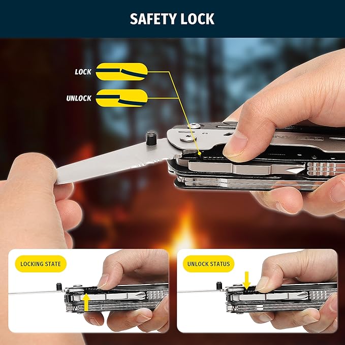 12-in-1 Multitool Pliers with Safety Lock, Fire Starter & Whistle, Stainless Steel Pocket Knife, Camping Multitool with Detachable Scissors for Outdoor Survival, EDC Gear