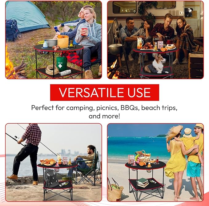 Camping Table, 2-Tier Folding Portable Table with 4 Cup Holders, Camping Cip & Carry Bags for Camping, Collapsible Table Steel Frame, High-Grade 600D Canvas, for BBQ, Fishing, and Picnic