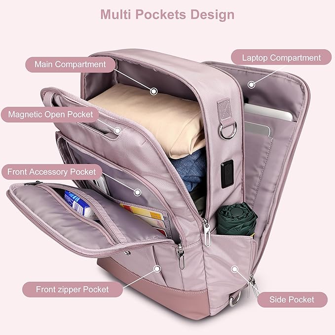 PIJUSHI Laptop Backpack for Women Men Personal Item Travel Backpack Convertible Carry on Bag Flight Approved(PE042 Ashen Purple)