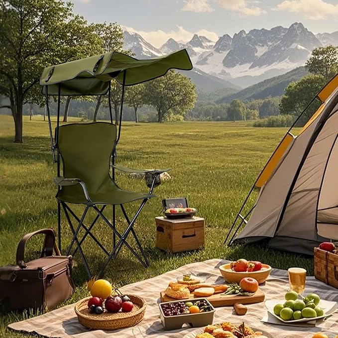 Folding Camping Chair with Canopy, Portable Outdoor Beach Chair for Fishing, BBQ, Picnic, Backyard, Lightweight Sun Shade Chair with Cup Holder, Army Green