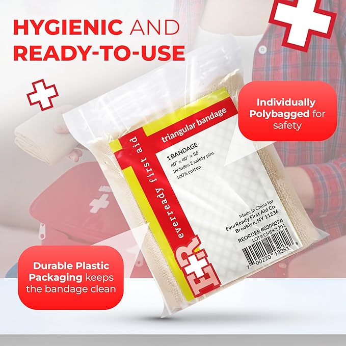 Triangular Bandage, 40" x 40" x 56", 100% Cotton, Individually Wrapped with 2 Safety Pins Per Bandage, Multi-Purpose Sling & Dressing, Bulk First Aid Kit Supply – 48 Pack