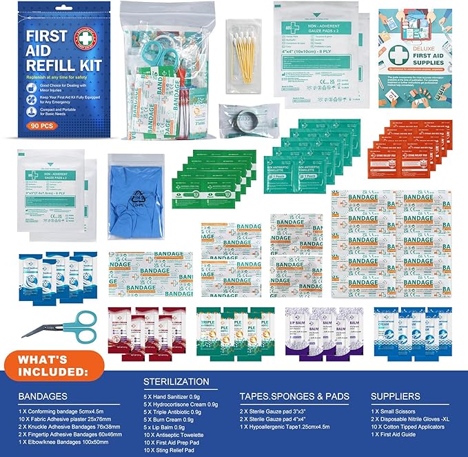 90 Pieces First Aid Refill Kit - Wound Care Kit Includes Bandages for Home, Travel, Hiking - Portable Replacement Kit for First Aid Medical Supplies（2 Set）