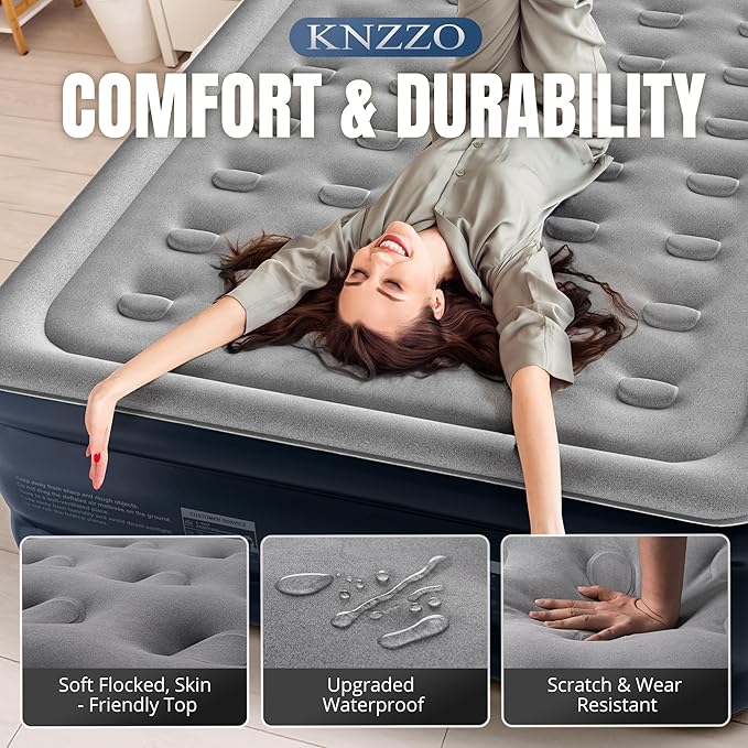 Queen Air Mattress with Built-in Pump, 18" Top Inflatable Mattress with Waterproof Flocking Fabric, Three-Minute Quick-Inflatable Bed. Portable Blow Up Mattress for Home, Outdoor and Guests