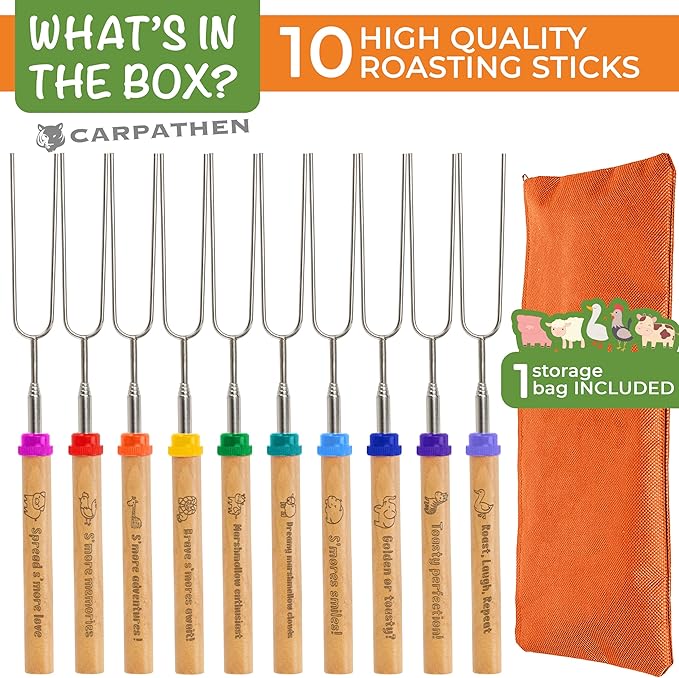 CARPATHEN Marshmallow Roasting Sticks Campfire - Set of 10pcs Smores Sticks With Beautifully Engraved Handles - Perfect as a Gift - Telescoping Stainless Steel Hot Dog Sticks Skewers