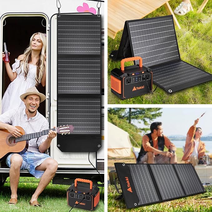 Takki 60W Solar Panel Foldable Solar Charger Kit with USB DC Type-C Ports for Portable Power Station Generator Camping Outdoor, 10 Connectors