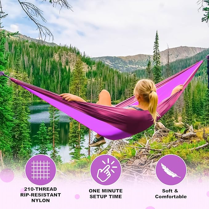 SZHLUX Camping Hammock Double & Single Portable Hammocks with 2 Tree Straps and Attached Carry Bag,Great for Outdoor,Indoor,Beach,Camping,Purple & Pink, Medium