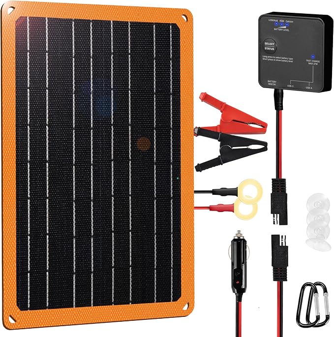 FieryRed 10W 12V Solar Battery Trickle Charger Maintainer, Solar Panel Charging Kits for Car Automotive Boat Trailer with Dual USB Fast Charging, Cigarette Lighter Plug & Alligator Clip