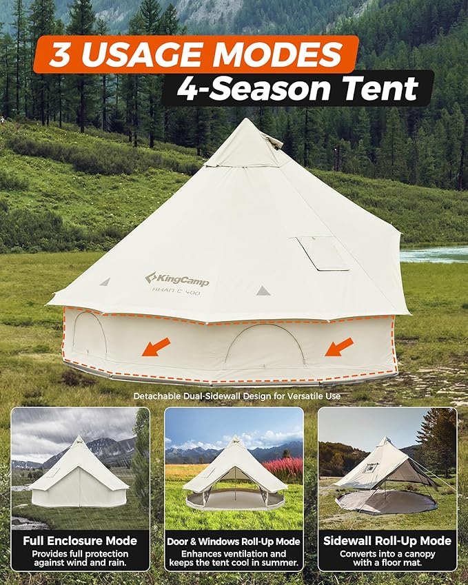 KingCamp Canvas Bell Yurt Tents, 4 Seasons Large Waterproof & Windproof Luxury Glamping Tent w/Stove Jack for Family Outdoor Camping, Hunting, Parties