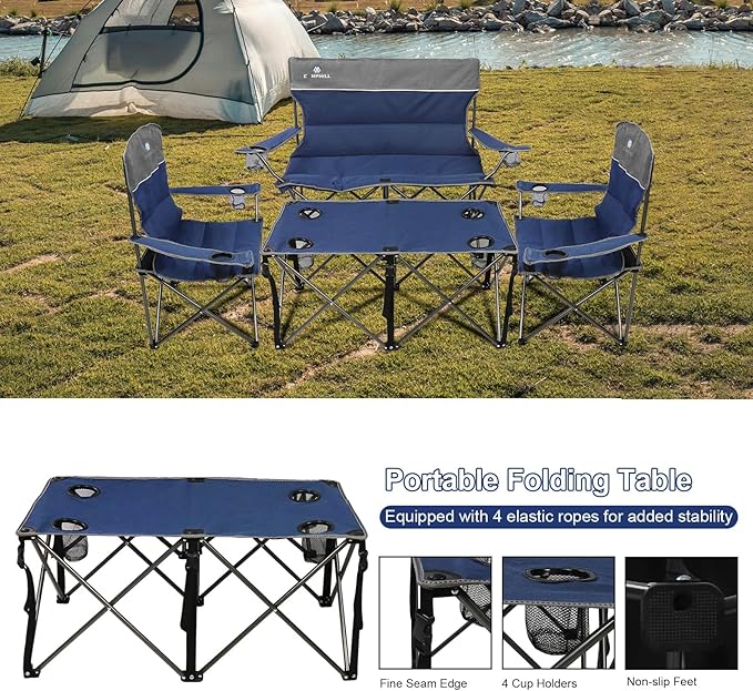 Camping Chair Set of 3, Outdoor Folding Camping Chairs for Heavy People with Cup Holder & Carry Bag,Collapsible Chair Include One Sofa Chair and Two Single Chair,Support up to 500lbs