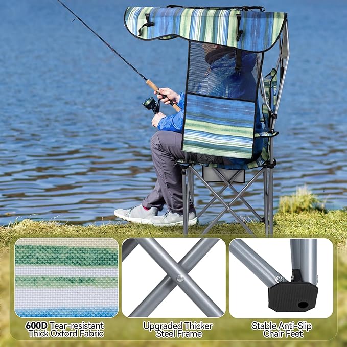 Folding Camping Chair with Reinforced Shade Canopy Comfortable Wide Seat with Cup Holder and Side Pocket Portable Outdoor Chair for Beach Fishing Sports Lawn Supports 350 LBS