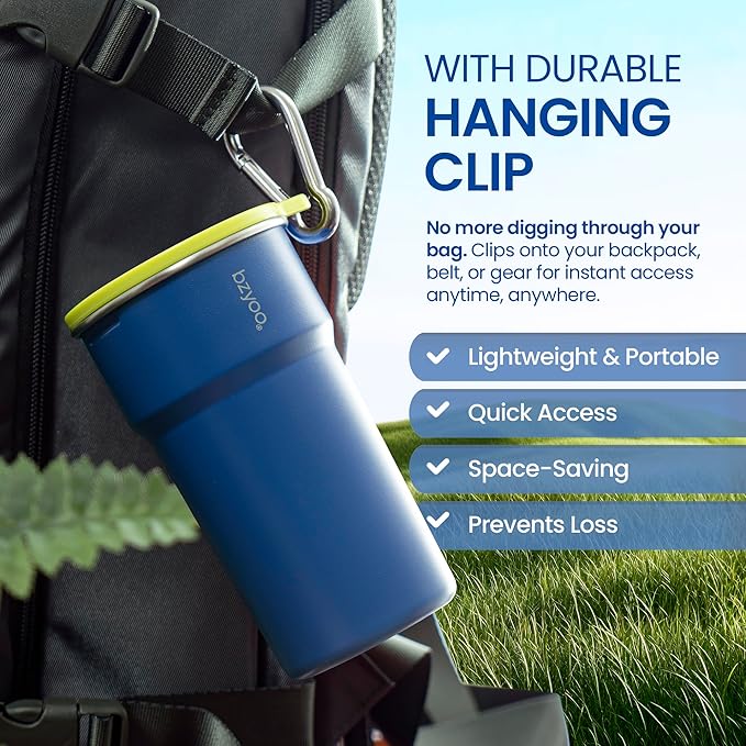 bzyoo Nesting Stainless Steel Camping Cup Set with Hook – 5-in-1 Stackable Durable 9oz Campstack Cup Set for Hiking, Backpacking & Outdoor Adventures (Blue)