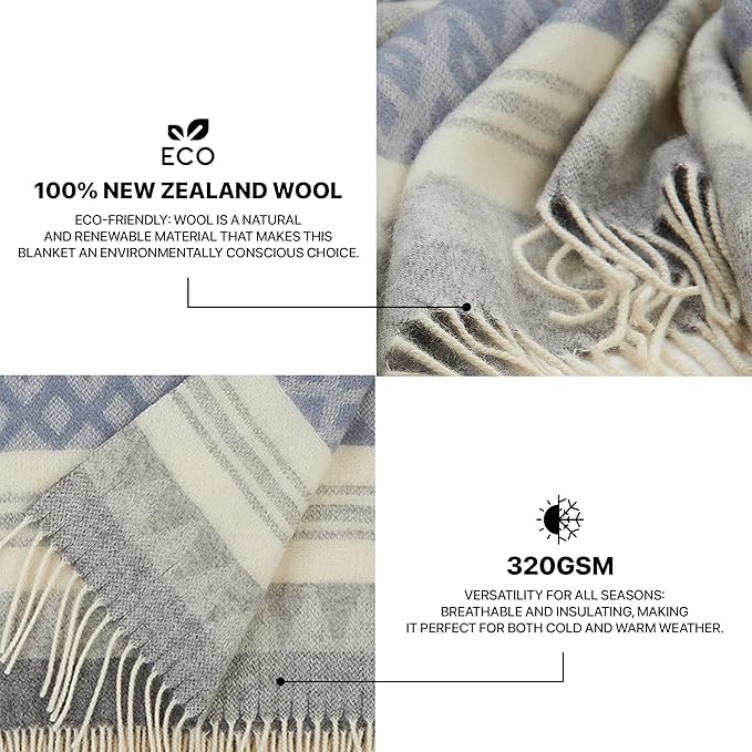 Wool Blanket | 100% Wool from New Zealand | Perfect as a Throw Blanket/Sofa Cover | Virgin Wool Blanket with Fringes in Stripes Designs (140 x 200 cm)