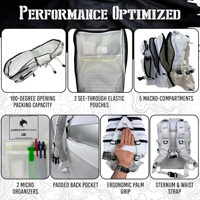 AMERICANPHOENIX 45L Elite Tactical Backpack | 3X Stronger Work & Military Backpack | Water Resistant and Heavy Duty | 3 Day MOLLE Bug Out Bag (Polar White)