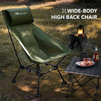 MOON LENCE Oversized Camping Chair for Adults, Height Adjustable High-Back Folding Camping Chair with 400 lbs Capacity, Hidden Pillow Pocket and Wide Seat for Camping, Hiking, Picnics, Green