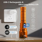 WdtPro LED Rechargeable Flashlight 2 Pack, Super Bright Zoomable 6000 Lumens Tactical Flashlight with LCD Digital Display, 3 Mode Waterproof Flash Light for Camping, Hunting & Home Emergency - Orange