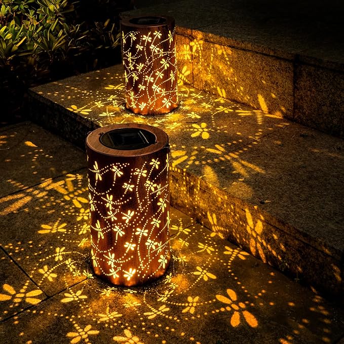 Boho Solar Lanterns Outdoor 2 Pack - Birthday Gifts for Women Mom Grandma Metal Hanging Solar Powered Unique Garden Decorative LED Lights for Outside Yard Patio (Dragonfly)